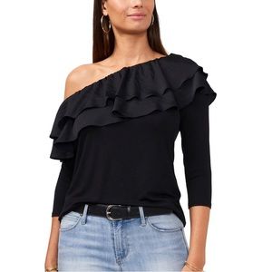 Vince Camuto Womens Black Ruffle 3/4 Sleeve Asymmetrical Top Size XXS